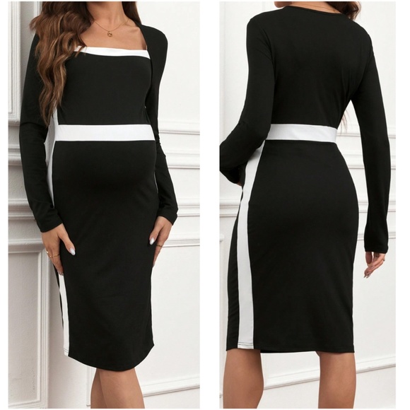 Maternity Color Block Fitted Bodycon Long Sleeve Dress - Picture 2 of 6